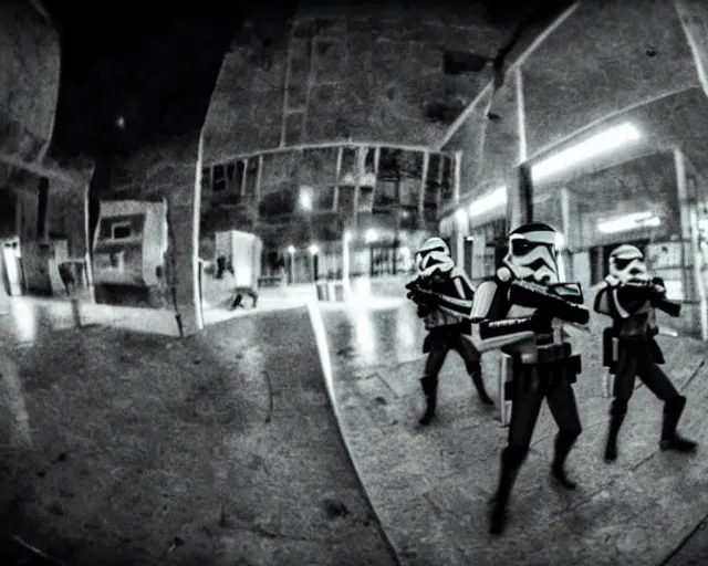 Prompt: cctv footage of stormtroopers executing a night raid in Moskow, grainy, fish eye lens, green monochrome, night vision, cdx