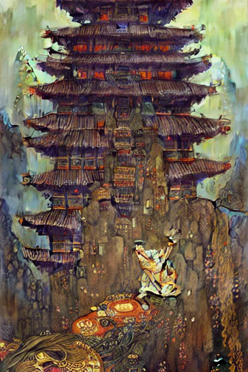 Image similar to cyberpunk chinese ancient castle, fantasy, painting by Gustav Klimt, greg rutkowski and alphonse mucha