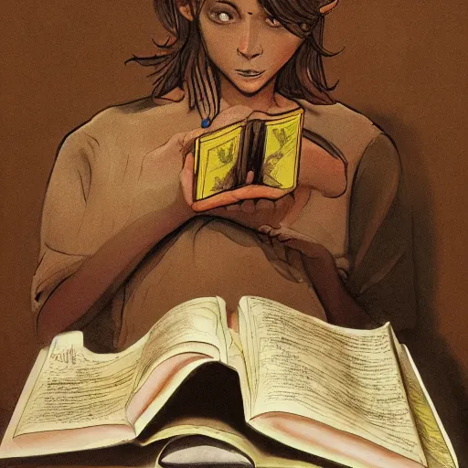 Prompt: a painting of an intelligent snake reading a magic book, painting by Moebius, photorealistic, smooth, 4k, natural light, library background, hyper realistic, concept art -n 9