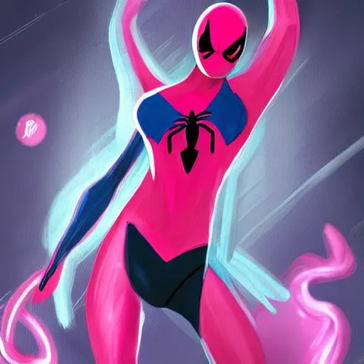 Image similar to splash art of a cool beautiful pink spiderman in a stylish pose in the style of the league of legends splash art, digital art by Michelle Hoefener