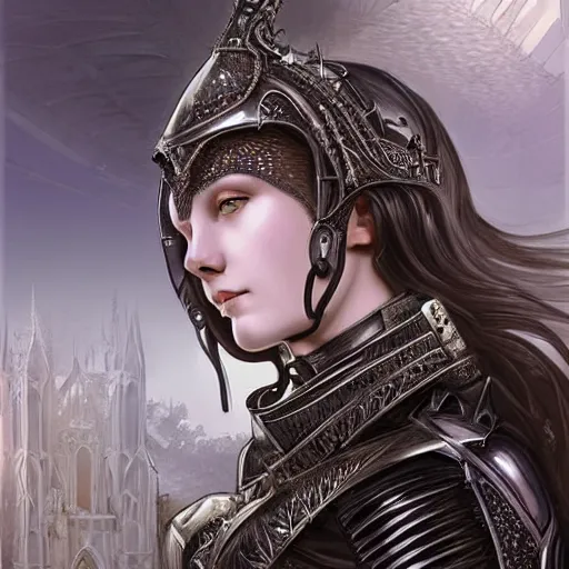 Image similar to beautiful victorian and luxury and goddess and gothic female medieval Black armor knight portrait+shiny eyes+front face with light flowing hair, ultradetail face, ruined gothic cathedral, art and illustration by tian zi and craig mullins and WLOP and alphonse mucha, ssci-fi, fantasy, intricate complexity, human structure, hypermaximalist, fantasy character concept, dynamic lighting, neon light, watermark, blurry, hyperrealism 8k