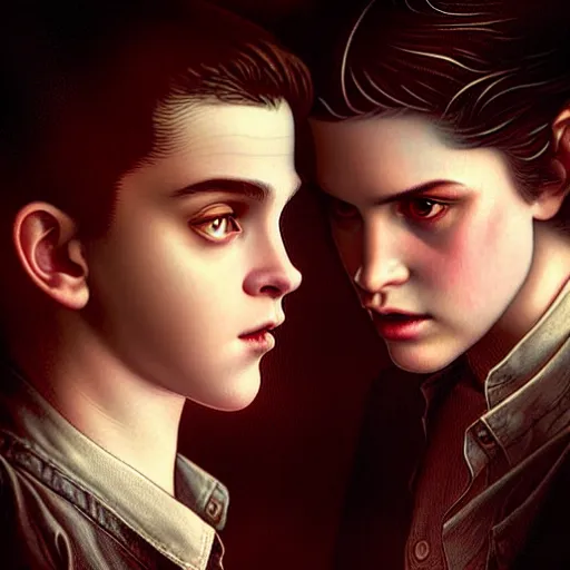 Prompt: Twilight version of Stranger Things, Portrait of Edward and Bella, diffuse lighting, fantasy, intricate, elegant, highly detailed, lifelike, photorealistic, digital painting, artstation, illustration, concept art, smooth, sharp focus, art by John Collier and Albert Aublet and Krenz Cushart and Artem Demura and Alphonse Mucha