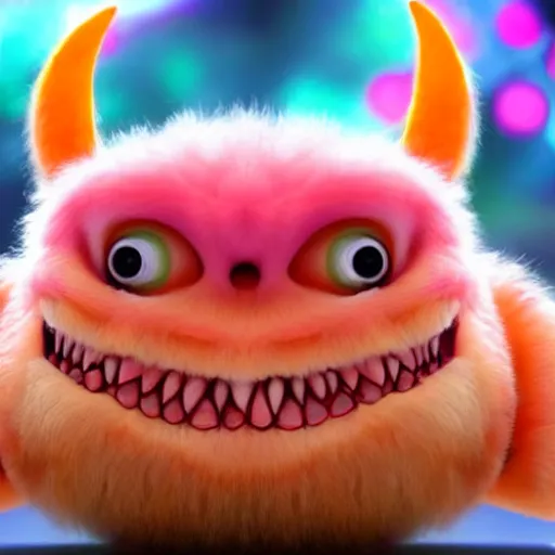 Prompt: an alien with a face that looks like a fuzzy peach the peach is fuzzy pink warm and ripe the alien has horns and a mean smile the alien has chicken feet cruel smile soft eyes, 4k, highly detailed, high quality, amazing, high particle effects, glowing, majestic, soft lighting, detailed background