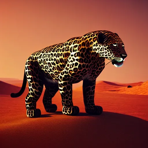 Image similar to android leopard in the middle of the desert, matte metal and chrome :: by beeple and James Gilleard and Justin Gerard :: ornate, dynamic, particulate, intricate, elegant, highly detailed, centered, artstation, smooth, sharp focus, octane render, 3