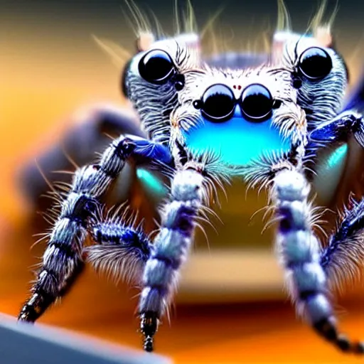 Image similar to a jumping spider using tiny computer keyboard tiny, by pixar, macro lens, iridescent, photomontage