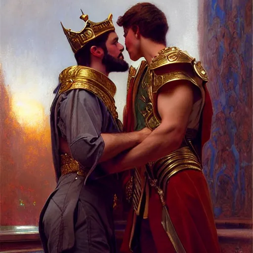 Image similar to attractive fully clothed king confesses his love for his attractive fully clothed male prince. highly detailed painting by gaston bussiere, craig mullins, j. c. leyendecker 8 k