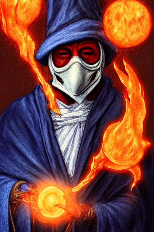 Prompt: a color pencil sketch of a plague doctor with a white plague mask and a blue wizard robe holding his right hand casting a orange firey spell, as a d & d character, blue robe, magical, blue and orange highlights, hip hop aesthetic, concept sheet, painting by gaston bussiere, demon slayer, akiri toriyama, dramatic lighting, professional digital art, anime