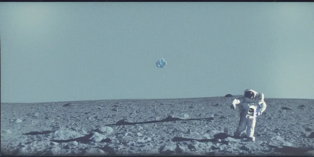 Prompt: polaroid photo of spacemen landing on a blue moon, slight color bleed, grain