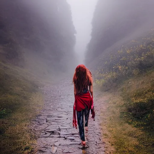 Image similar to define the character of a beautiful girl, messy long red hair, messy wet grey tribal clothes, short torn up pants, she is walking on a mountain and we see down in a deep valley a very poor old shanti town with wooden ruins, medieval time, heavy rain, late at night, mist, cinematic, 8 k,