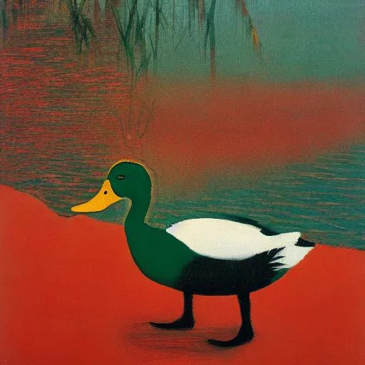 Prompt: a duck on the prowl oil painting peter doig