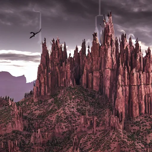 Prompt: dark gothic palace, gothic palace made, GOTHIC PALACE! of rock with tall spires, bristlecone pine trees, grand canyon, ultrawide cinematic 3d render, dark dramatic skies, atmospheric, vultures