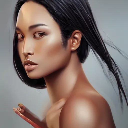 Image similar to indonesian Supermodel, olive skin, long dark hair, beautiful bone structure, intricate, elegant, highly detailed, digital painting, artstation, concept art, smooth, sharp focus, illustration, art Chuck Close