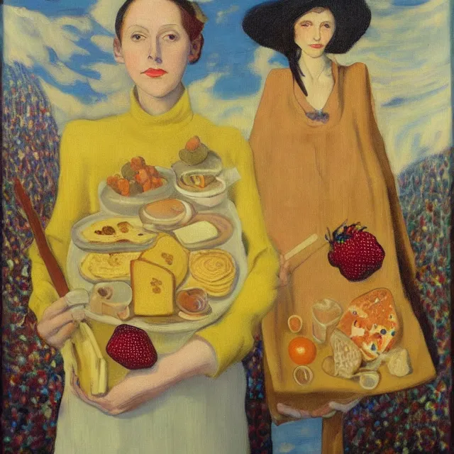 Prompt: tall emo female artist holding an artist's palette, pancakes as compass, in, gold bars, maple syrup, snails, berries, pigs, octopus, broomstick, acrylic on canvas, surrealist, by magritte and monet