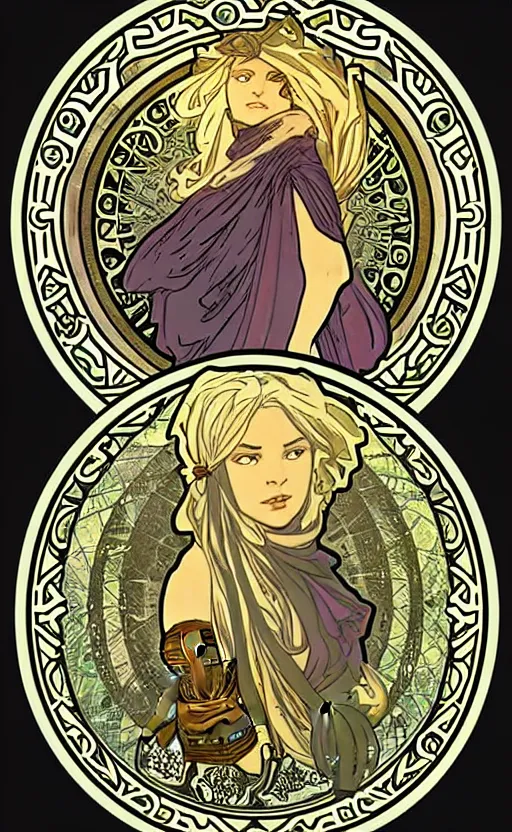 Prompt: D&D round token of an air genasi wizard, cloudy border by Alphonse Mucha