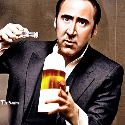 Image similar to Drinking of liquid Nicolas Cage from bottle.