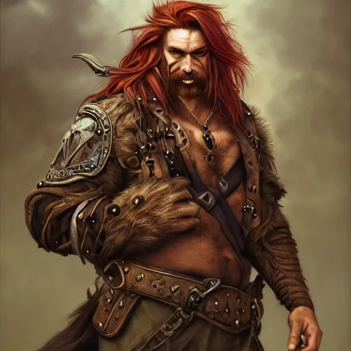 Image similar to portrait of a boar - man hybrid pirate, male, handsome, masculine, full body, red hair, long hair, soft hair, fantasy, intricate, elegant, highly detailed, steampunk, airship, digital painting, artstation, concept art, character art, smooth, sharp focus, illustration, art by artgerm and greg rutkowski and alphonse mucha