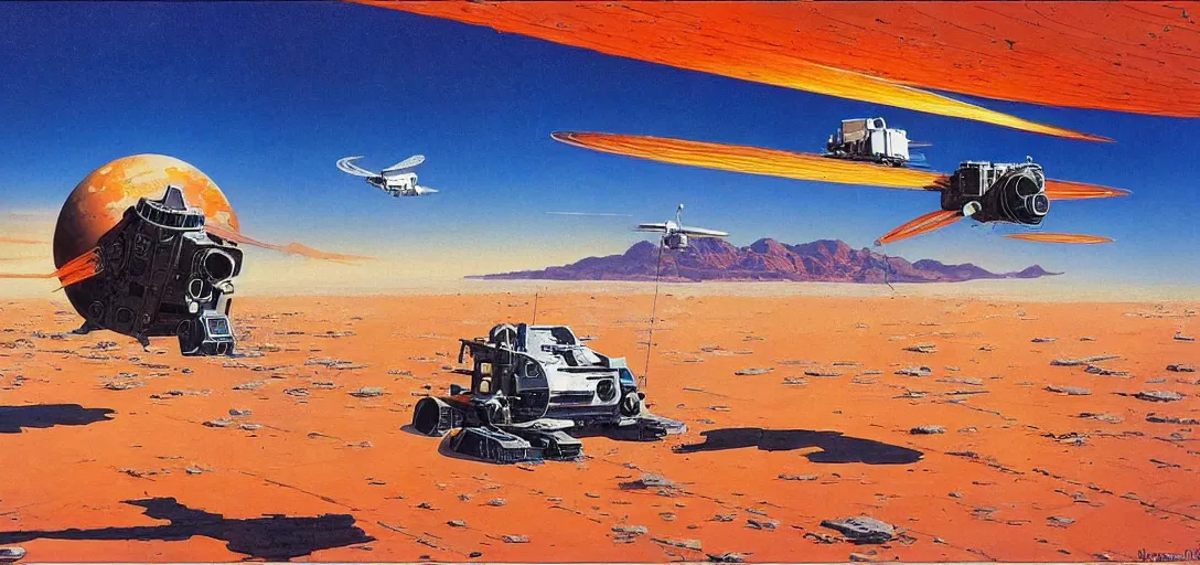 Image similar to a boxy! spacecraft!! flying over a desert landscape! on another planet!!!, by robert mccall