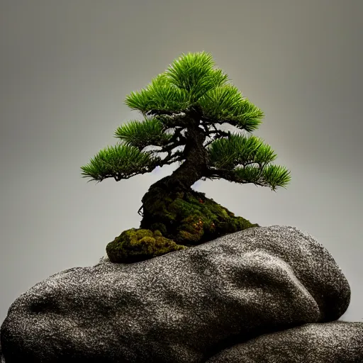 Prompt: fhoto bonsai fir on a small rough rock in lake, refle, fog, medium shot, volumetric lighting, beautiful, sharp focus, ultra detailed, cgsociety by leesha hannigan, ross tran, thierry doizon, kai carpenter, ignacio fernandez rios, noir art house, 4 k, 3 5 mm, fujifilm