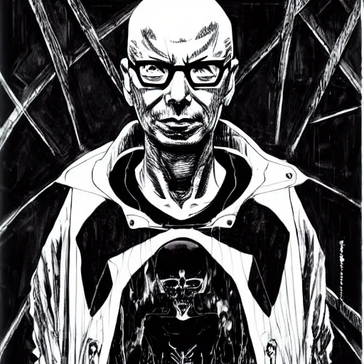 Image similar to Klaus Schwab looking sinister, by Tsutomu Nihei, highly detailed