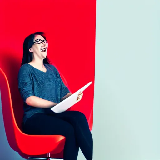 Image similar to a ux designer having loads of fun in a red chair with a big team creating wire frames