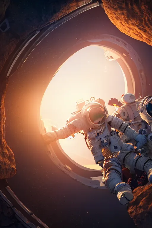 Image similar to 3 astronaut in flying sauser trveling throuh worm hole, cinematic lighting, hyperdetailed, 8 k realistic, symmetrical, global illumination, radiant light, love and mercy, frostbite 3 engine, cryengine, dof, trending on artstation, digital art, crepuscular ray