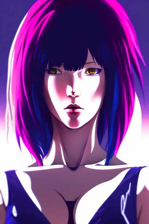 Image similar to a still fullbody portrait of motoko kusanagi ghost in the shell, finely detailed features, closeup at the faces, perfect art, at a cyberpunk city, gapmoe yandere grimdark, trending on pixiv fanbox, by ilya kuvshinov, rossdraws, artgerm