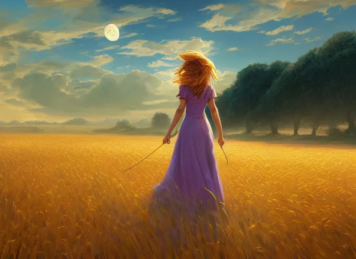 Image similar to a lone princess walks through a vast wheat field in the cosmic sky by vladimir volegov and alexander averin and peder mørk mønsted and ross tran and raphael lacoste