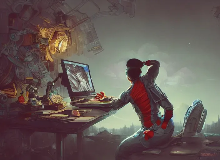 Image similar to an insanely detailed painting of an asian man wearing a homemade superhero costume, sitting at a desk, staring seriously at the computer and typing, in the style of peter mohrbacher, james jean, artgerm, dramatic lighting and composition, surreal background, octane render, pixar, trending on artstation, concept art, comic book, view from behind, 8 k