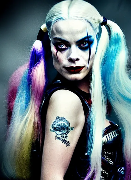 Prompt: 2 8 mm side portrait of beautiful suicide squad happy margot robbie with long white hair that looks like harley quinn, gotham city double exposure, angry frown, glamour pose, watercolor, frank miller, moebius, jim lee, annie leibowitz