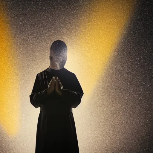 Image similar to Close up of a young, thin and stern catholic priest in his thirties fervently praying as he is about to die from the ominous terrifying Lovecraftian yellow shadow descending upon him from the night sky. Low angle, dramatic lighting. 4K photograph, 85mm sigma art lens