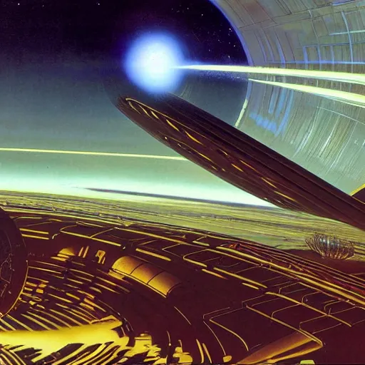 Prompt: Dyson Sphere, cinematic lighting, by Syd Mead, John Harris, Federico Pelat