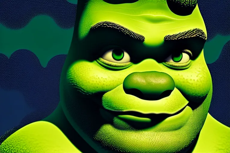 Image similar to ( ( dither ) ), editorial pixel art portrait of an angled 2 d shrek, modern art deco, ( ( mads berg ) ), christopher balaskas, victo ngai, rich grainy texture, detailed, dynamic composition, detailed pixel artwork, full og shrek, wide angle, matte print, art nouveau, unreal engine