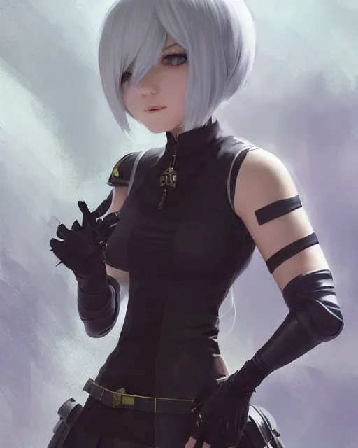 Prompt: full shot league of legends portrait of 2 b nier automata wearing a nazi uniform, au naturel, hyper detailed, digital art, trending in artstation, cinematic lighting, studio quality, smooth render, unreal engine 5 rendered, octane rendered, art style by klimt and nixeu and ian sprigger and wlop and krenz cushart.