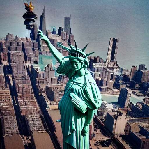 Image similar to the statue of liberty shaking her fist at the people below her, low - angle shot