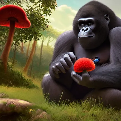 Image similar to a wholesome animation key shot of a gorilla holding a very small red mushroom, chilled out smirk on face, listening to music, jeep in background, studio ghibli, pixar and disney animation, sharp, rendered in unreal engine 5, anime key art by greg rutkowski, bloom, dramatic lighting