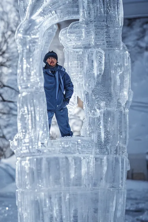 Image similar to transparent ice sculpture of man in sportswear jacket, intricate sculpture, cold, winter, street photo