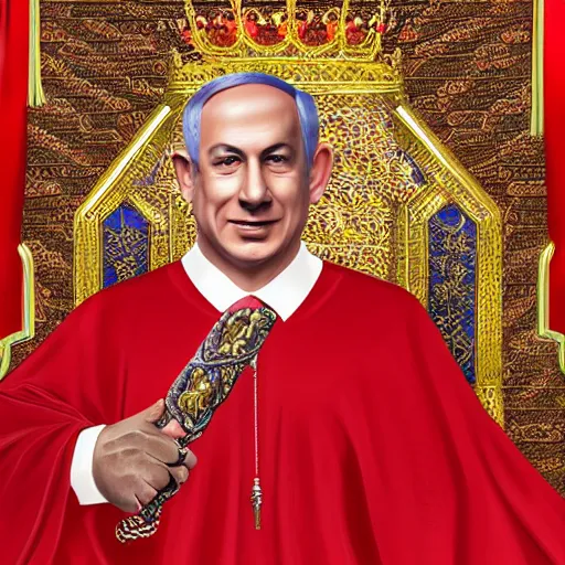 Image similar to portrait of Benjamin Netanyahu sitting on an ornate throne wearing a red furred cape and a crown grasping a royal ornate rod, vivid rich colors, ambient lighting, dynamic lighting, official media, HQ, detailed