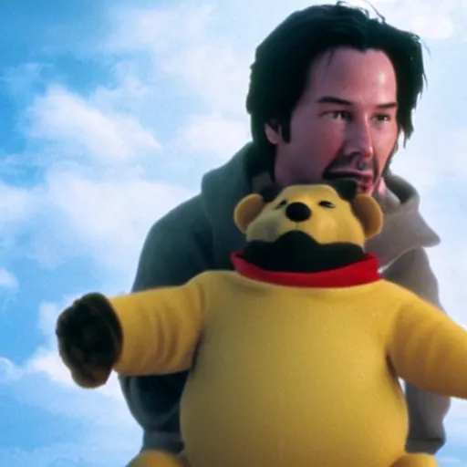 Image similar to A still of Keanu Reeves as Winnie the Pooh