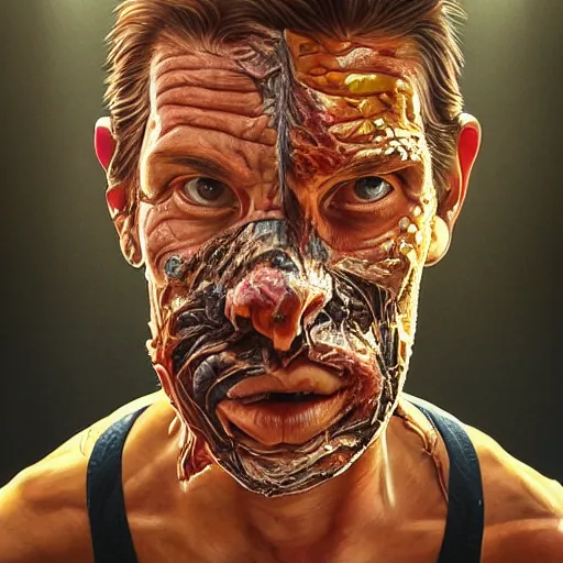 Prompt: portrait artwork of man tearing the skin from his face to reveal lizard skin. Artwork by Dan Mumford, realistic cinematic lighting, ultra detailed, hyper realism