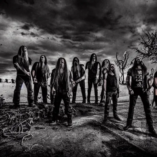 Image similar to brutal metal band cover in apocalyptic style with name written of roots