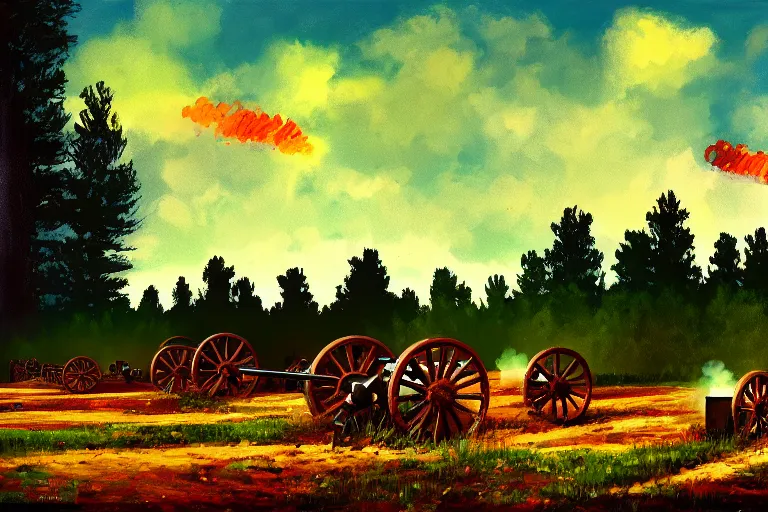 Image similar to cannons firing to the left, artillery, indirect fire, ww 1, forest clearing background, at night, oil on canvas, bloom highlights, view from the ground, poster art, darkness, video game art, digital art, fine brushstrokes, hdr, 4 k