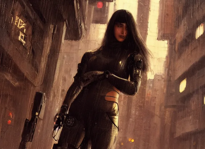 Image similar to Maria. Cyberpunk female hacker wearing stealth suit hiding from police patrol (blade runner 2049, cyberpunk 2077). Orientalist portrait by john william waterhouse and James Gurney and Theodore Ralli and Nasreddine Dinet, oil on canvas. Cinematic, hyper realism, realistic proportions, dramatic lighting, high detail 4k