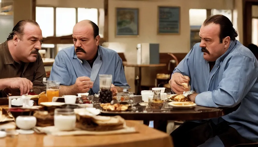 Prompt: tony soprano and walter white having breakfast at a diner, 4 k, film still, real, film footage