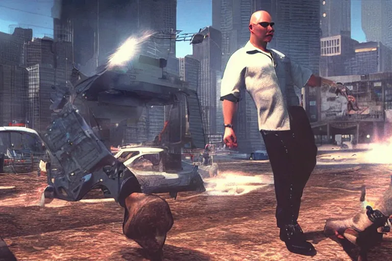 Image similar to pitbull mr. worldwide in a ps 1 game, in 2 0 5 5, y 2 k cybercore, still from a ridley scott movie