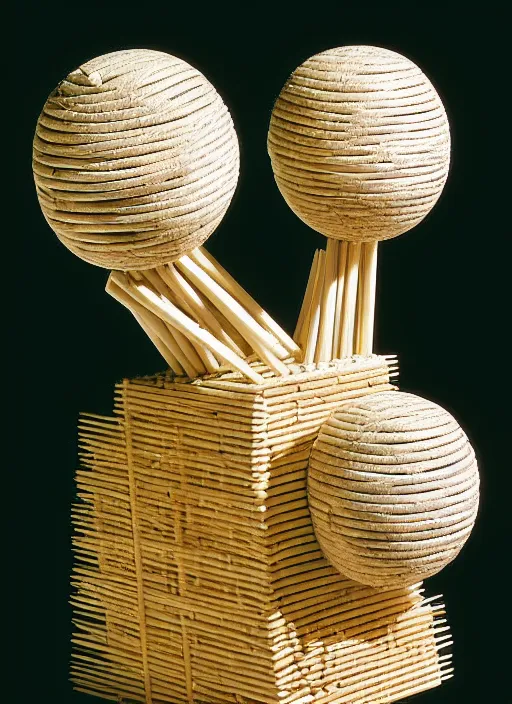 Prompt: realistic photo of a a modern brushwood and straw astronomy archeology scientific equipment gadget sculpture made of brushwood, covered with faces, by dieter rams 1 9 9 0, life magazine reportage photo, natural colors, metropolitan museum collection