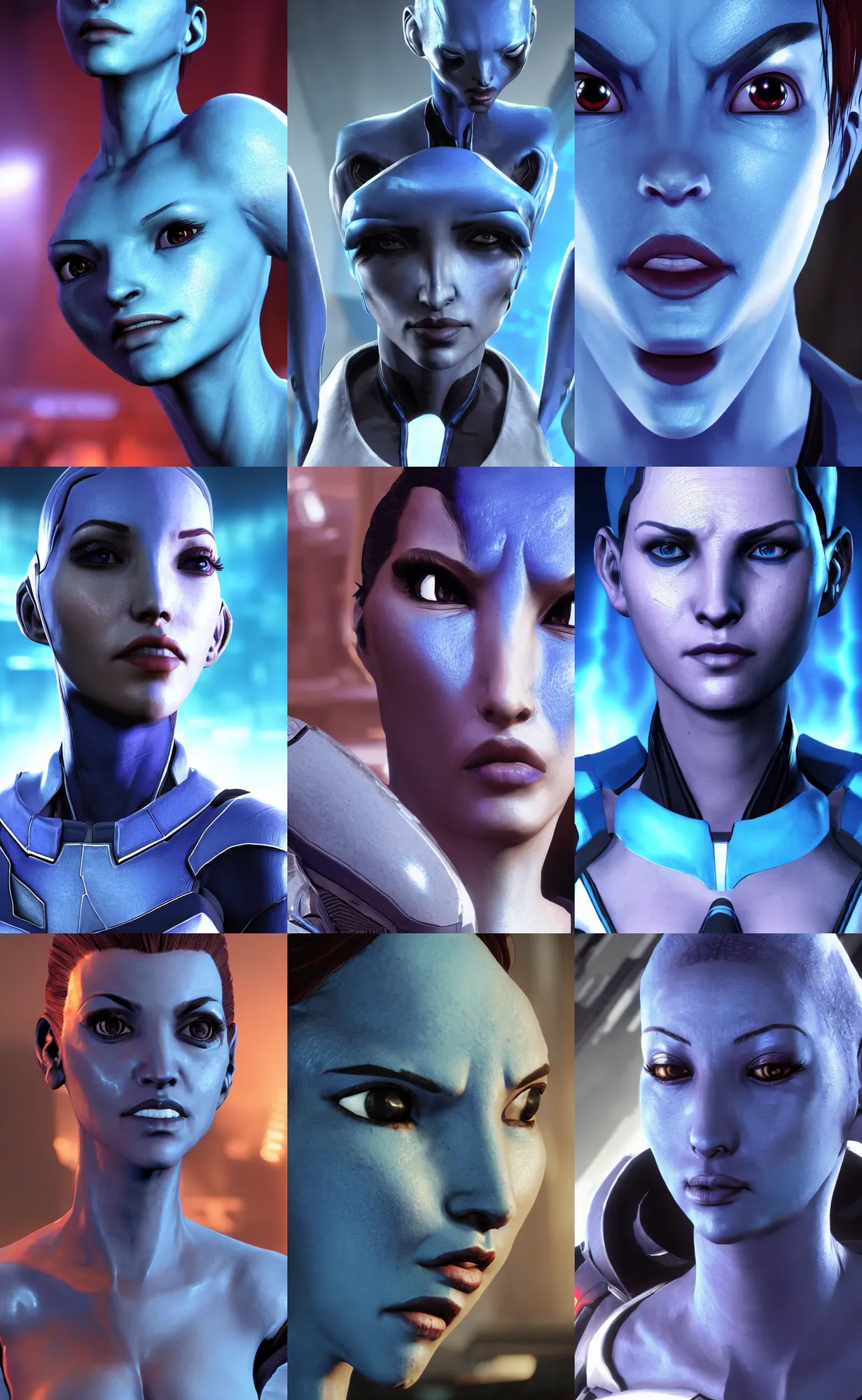 Prompt: Portrait from the remastered videogame 'Mass Effect: Legendary Edition' (2021). Close intimate Head and shoulders Portrait of Liara T'soni, the blue alien asari. Shallow Depth of field. 4k. Dramatic expression.