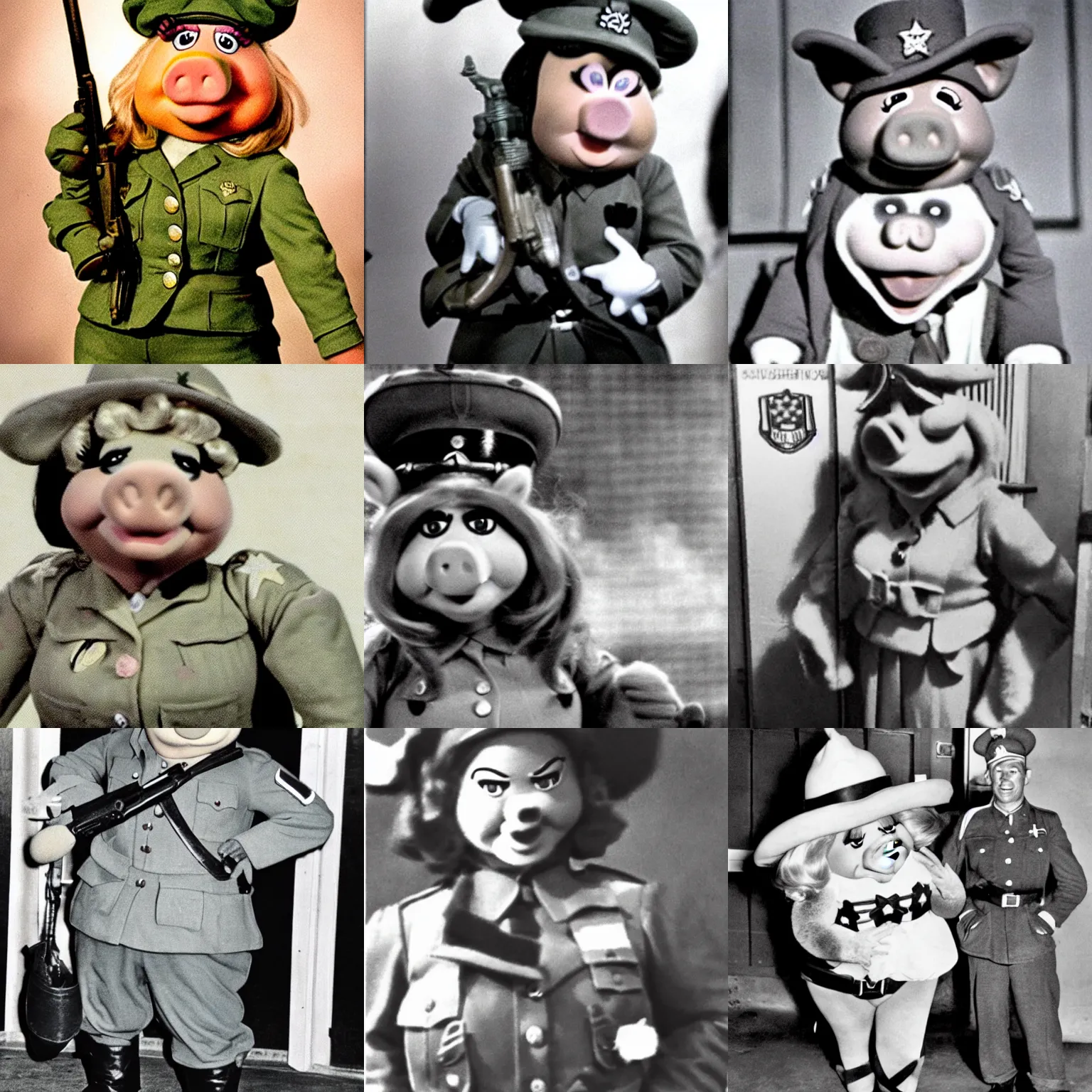 Prompt: grainy photo of miss piggy as ww2 soldier 1940