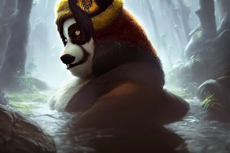 Image similar to < important > amazing portrait of the pandaren monk of the forest < / important >, hearthstone splash art, deiv calviz, splash art, natural light, elegant, intricate, fantasy, atmospheric lighting, by greg rutkowski, hearthstone splash art, hd wallpaper, ultra high details