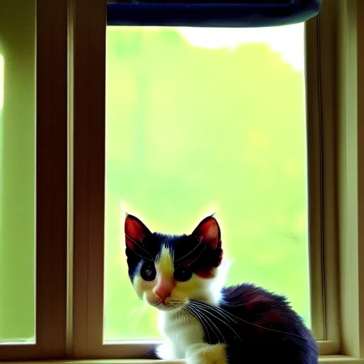 Image similar to cute calico kitten looking out of the window on a [ [ [ [ [ beautiful ] ] ] ] ] summer day, featured on artstation, gorgeous!!!