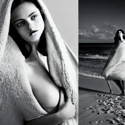 Image similar to female supermodel wearing jewelry, luxurious photoshooting, white blanket, beach, renessaince fresco painting